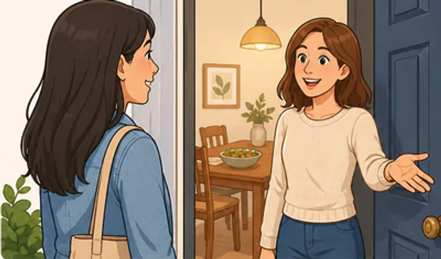 Original illustrated vocabulary card: come over.