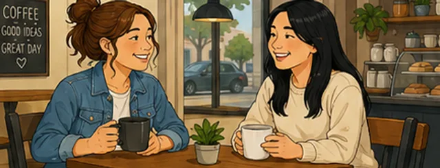 Original illustrated vocabulary card: grab coffee.
